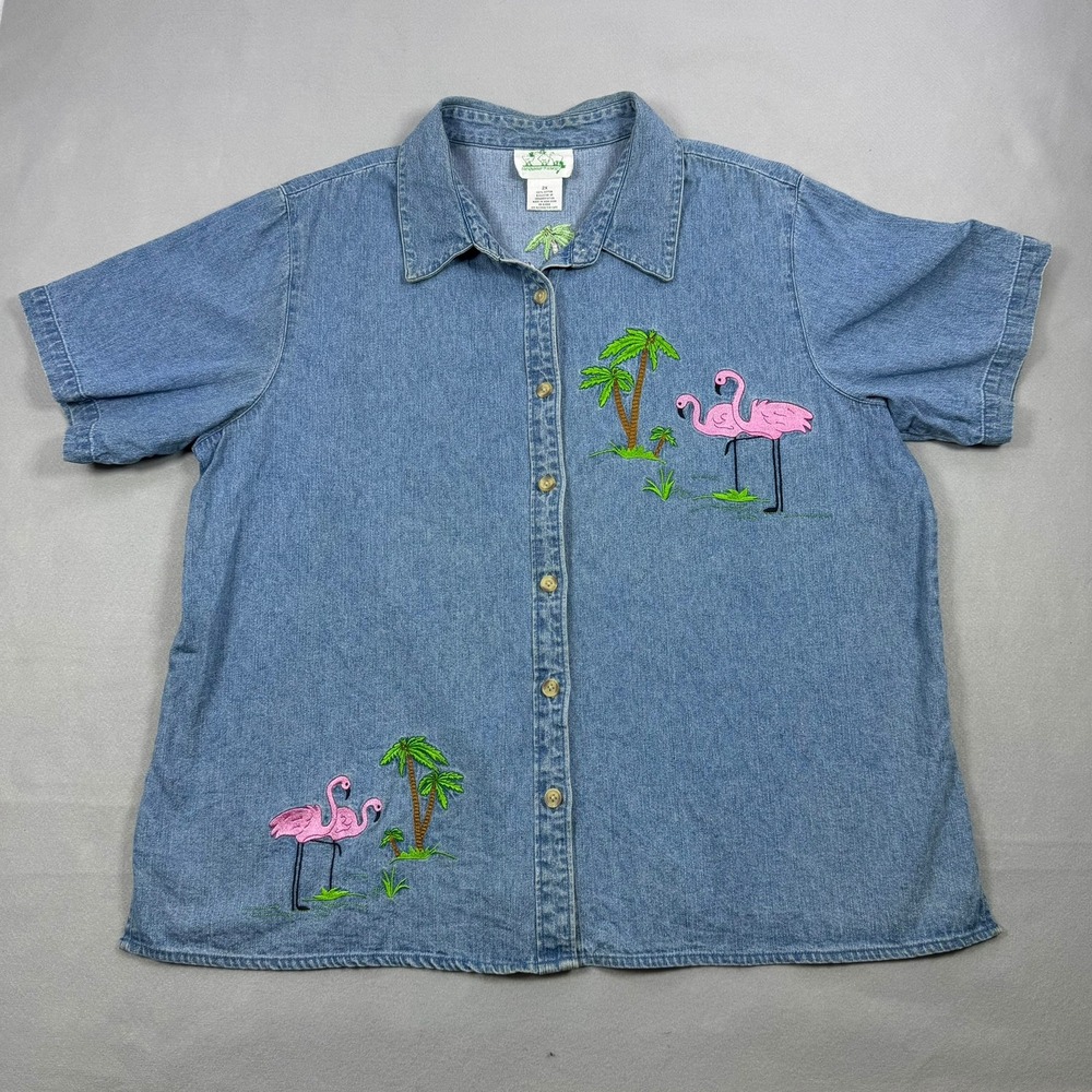 Quacker Factory Blue Denim Flamingo Palm Tree Embroidered Button Down Shirt 2X